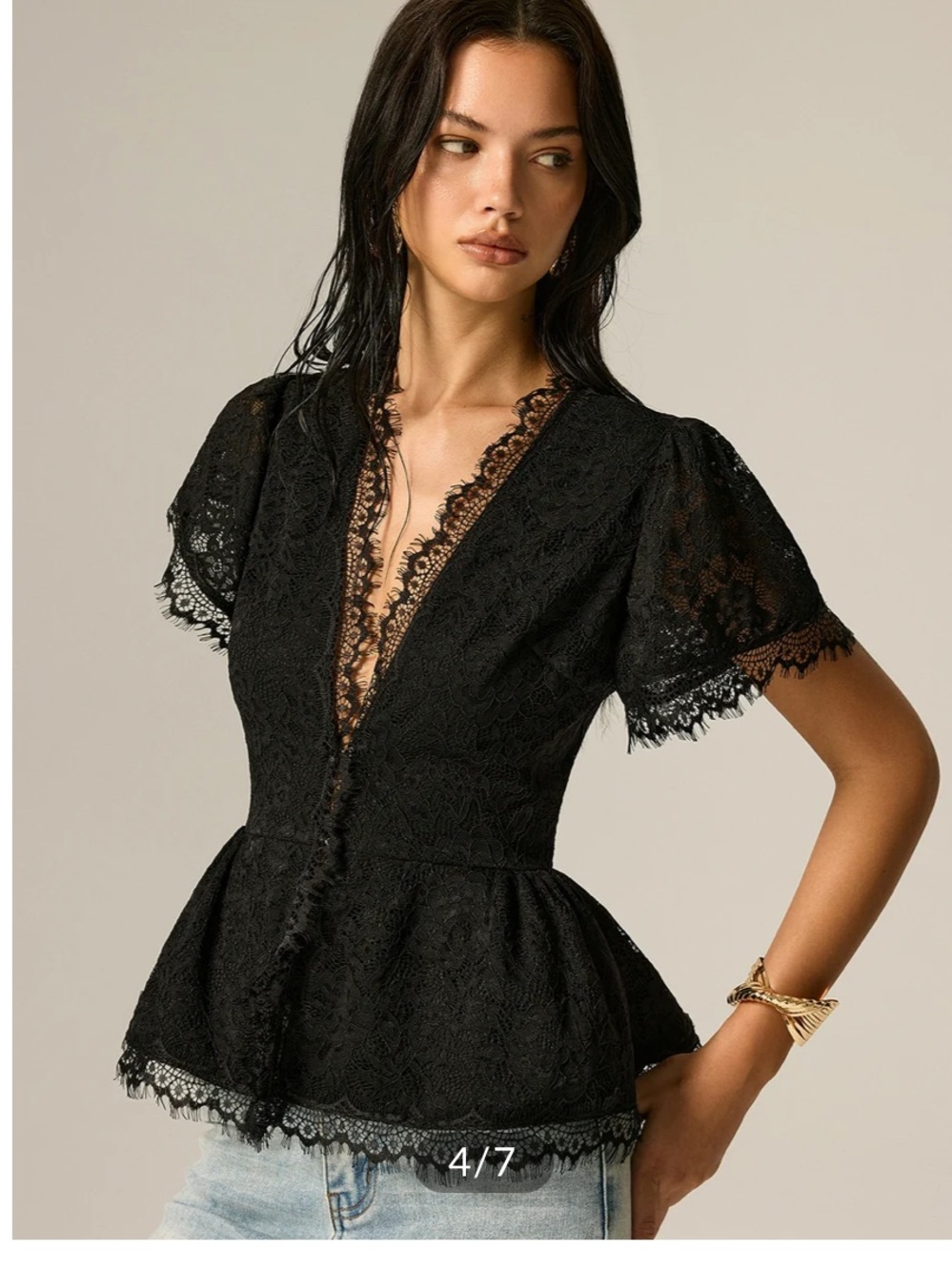 Commens V Neck Lace Peplum Short Sleeve Top - Picture 4 of 10